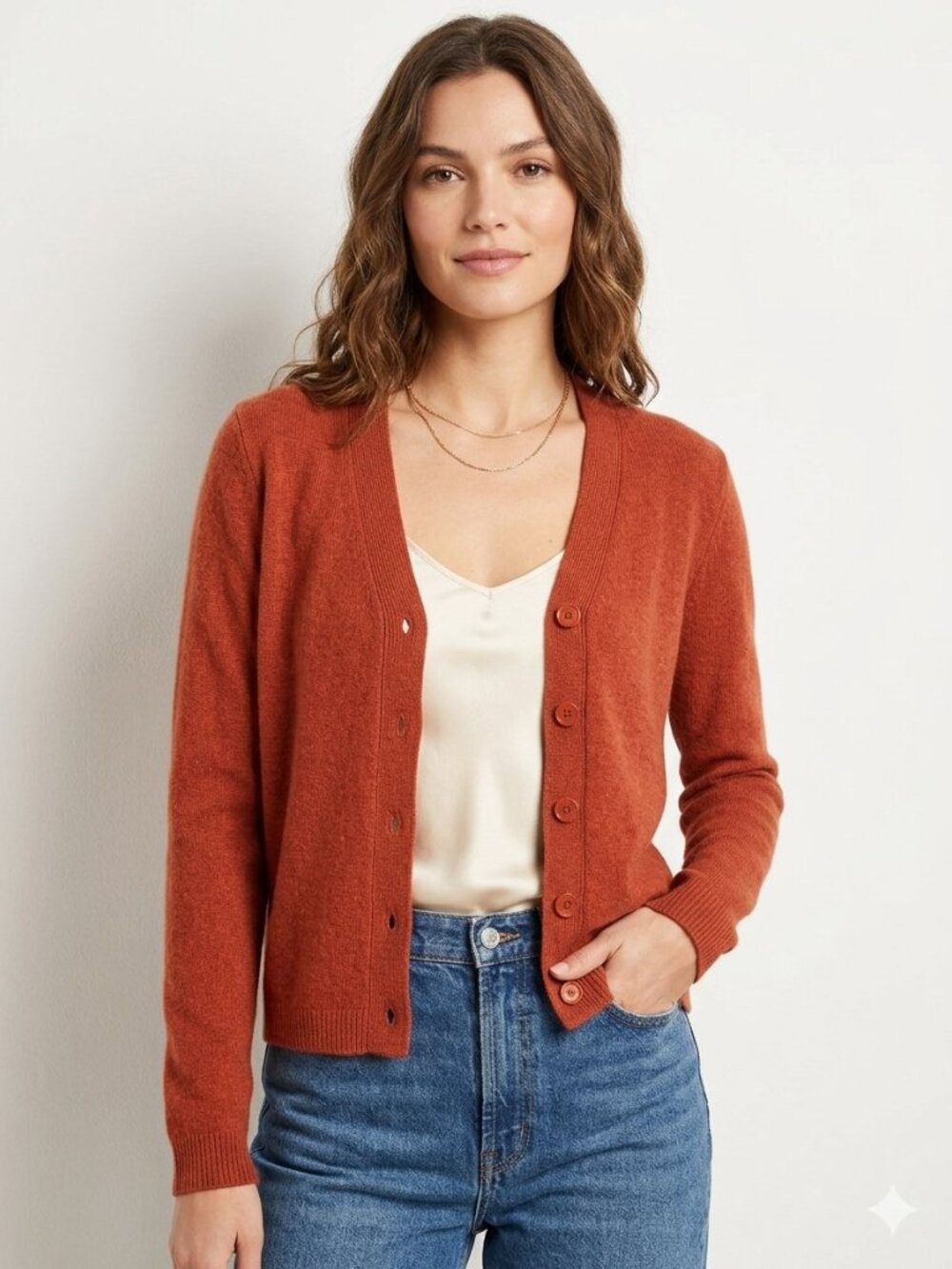 Nouveaux 100% Cashmere V-Neck Cardigan Rust Terracotta Women's Size Small